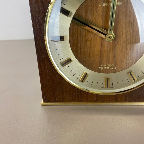 Image 1 of Vintage Hollywood Regency messing en houten tafelklok van Junghans Astra Quartz, Duitsland 1970