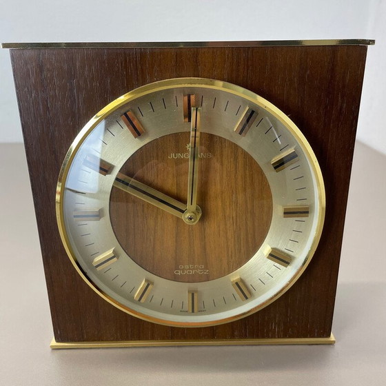 Image 1 of Vintage Hollywood Regency messing en houten tafelklok van Junghans Astra Quartz, Duitsland 1970