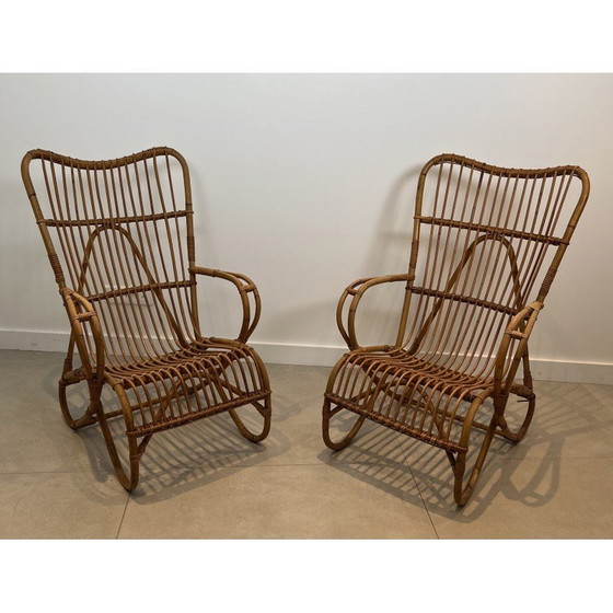 Image 1 of Paar design rotan fauteuils. Frans werk. Circa 1950