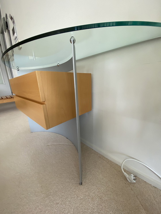 Image 1 of Leolux Console / Sidetable Glas, Gematteerd Aluminium En Licht Eikenhout