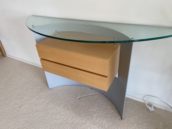 Image 1 of Leolux Console / Sidetable Glas, Gematteerd Aluminium En Licht Eikenhout