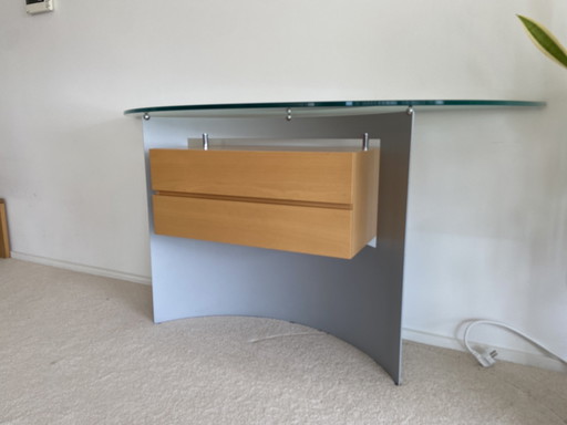 Leolux Console / Sidetable Glas, Gematteerd Aluminium En Licht Eikenhout