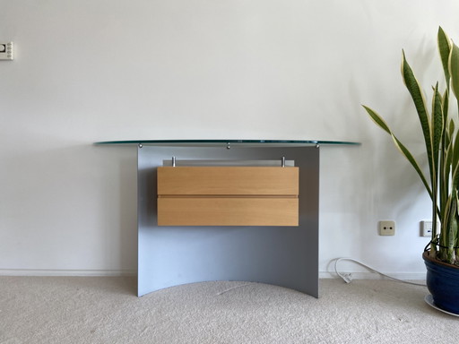 Leolux Console / Sidetable Glas, Gematteerd Aluminium En Licht Eikenhout