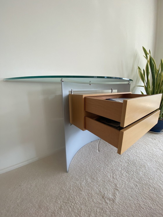 Image 1 of Leolux Console / Sidetable Glas, Gematteerd Aluminium En Licht Eikenhout