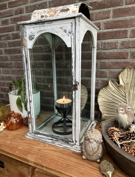 Vintage Windlicht - Hout, Glas en Oud Ijzer