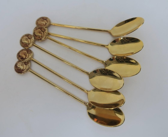 Image 1 of Set van zes gouden koffielepels. Vintage 1970