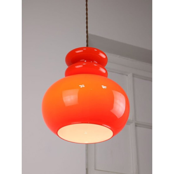Image 1 of Mid Century hanglamp van rood glas en messing