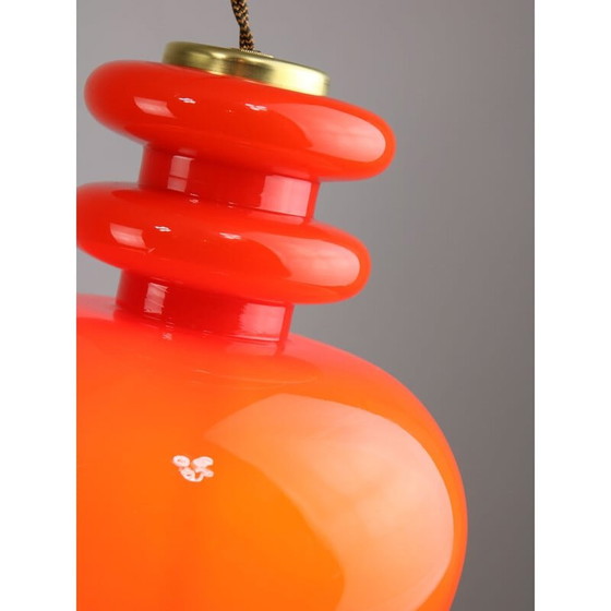 Image 1 of Mid Century hanglamp van rood glas en messing