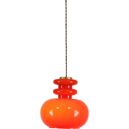 Mid Century hanglamp van rood glas en messing