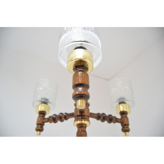 Image 1 of Vintage glazen kroonluchter in hout en messing van Jilove u Decina, Tsjecho-Slowakije 1970