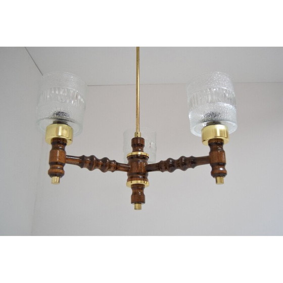 Image 1 of Vintage glazen kroonluchter in hout en messing van Jilove u Decina, Tsjecho-Slowakije 1970