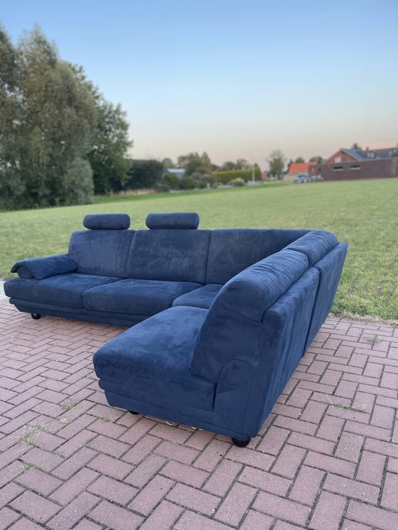 Image 1 of Natuzzi Blauwe stoffen hoekbank