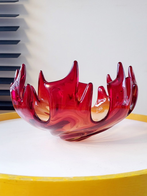 Murano Schaal, Modernisme, “Glas Flame” Sculpture, Amber En Rode Kleur, Jaren 1960, Italy