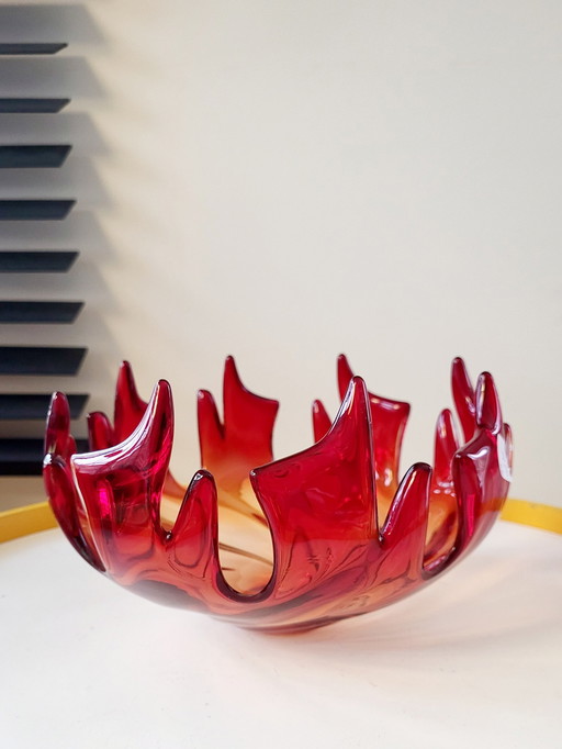 Murano Schaal, Modernisme, “Glas Flame” Sculpture, Amber En Rode Kleur, Jaren 1960, Italy