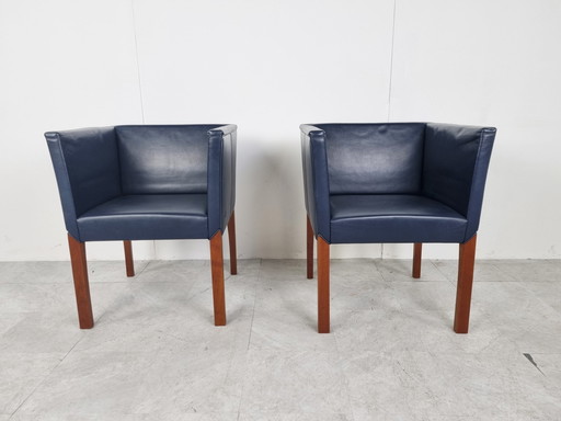 2x blauw leren fauteuils van Durlet, jaren 90