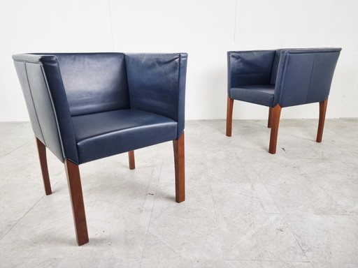 2x blauw leren fauteuils van Durlet, jaren 90