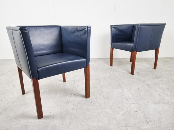 Image 1 of 2x blauw leren fauteuils van Durlet, jaren 90