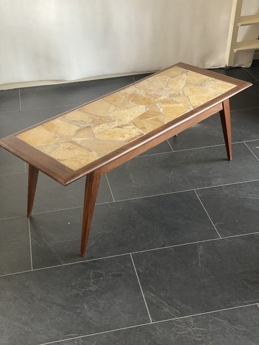 vintage Brutalist salontafel met leisteenblad