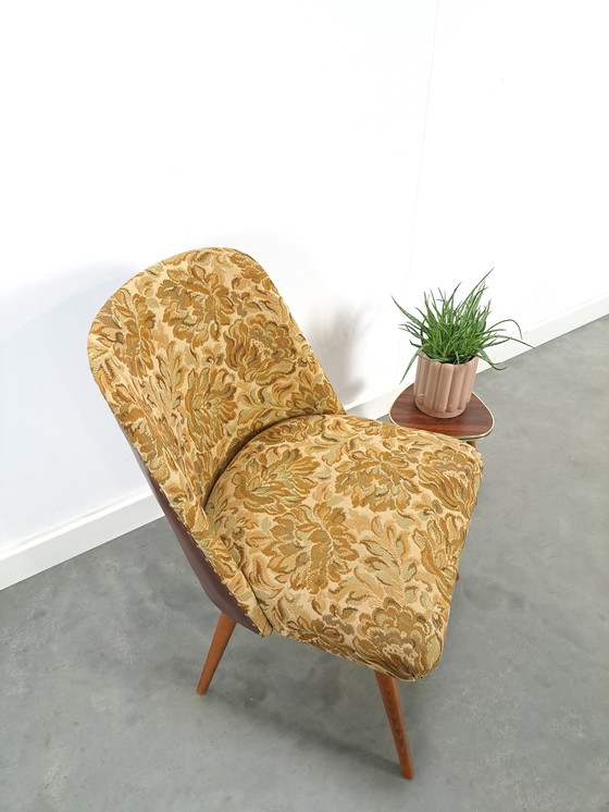 Image 1 of Bloemen stoel met bruin kunstleder vintage