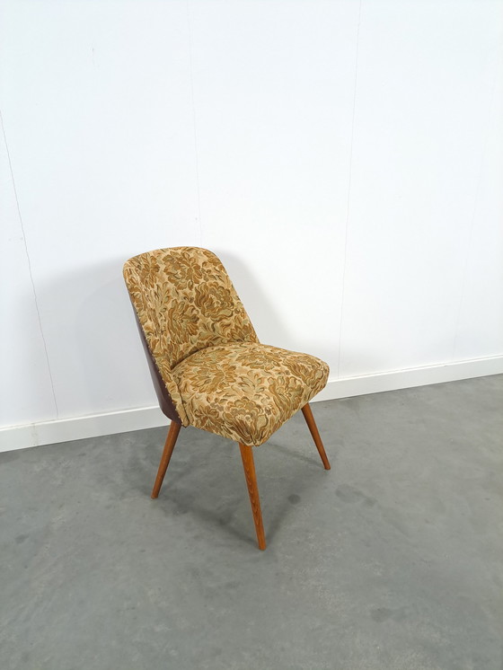 Image 1 of Bloemen stoel met bruin kunstleder vintage