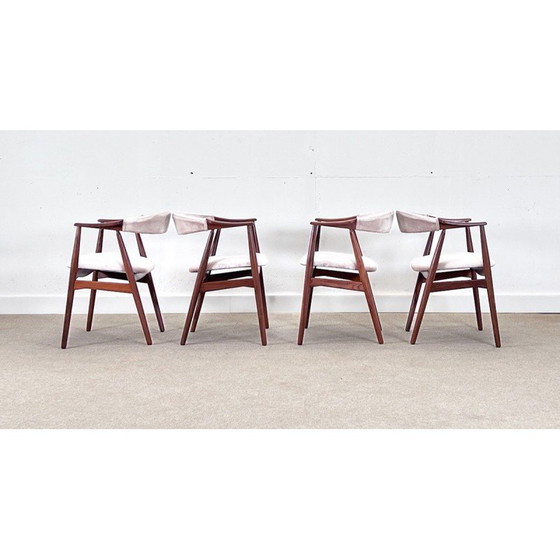Image 1 of Set van 4 vintage roze fluwelen eetkamerstoelen van Thomas Havler, Denemarken 1960