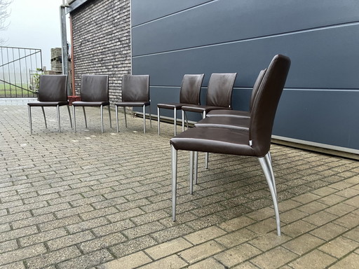 8X Jori Mikono Stoelen, Donkerbruin Leder In Topstaat!