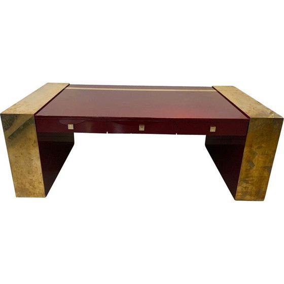 Image 1 of Vintage gelakt houten en messing bureau van Jean Claude Mahey, 1970