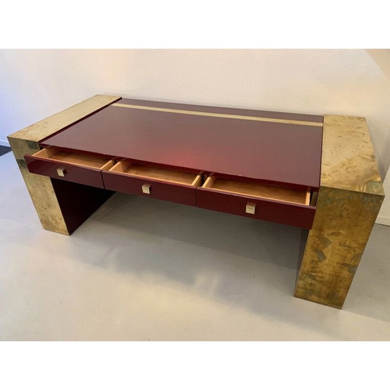 Image 1 of Vintage gelakt houten en messing bureau van Jean Claude Mahey, 1970