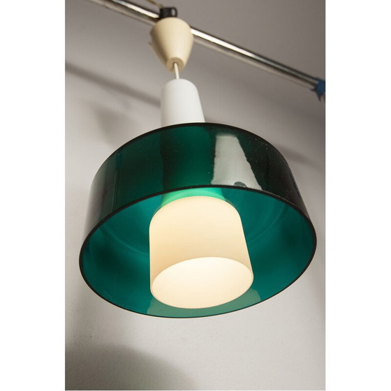 Image 1 of Vintage hanglamp in wit opaline en transparant glas in 2 elementen, jaren 1960