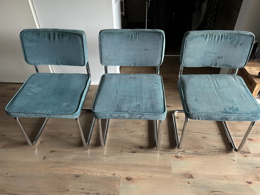 3 Turquoise Ribstof Stoelen Met Chrome Buisframe