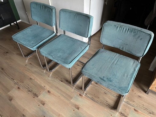 3 Turquoise Ribstof Stoelen Met Chrome Buisframe