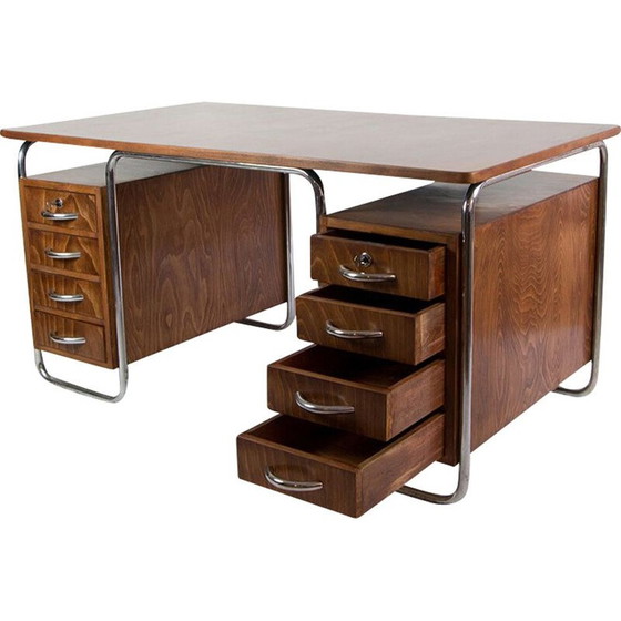 Image 1 of Vintage beukenhouten bureau met twee bakken, 1930