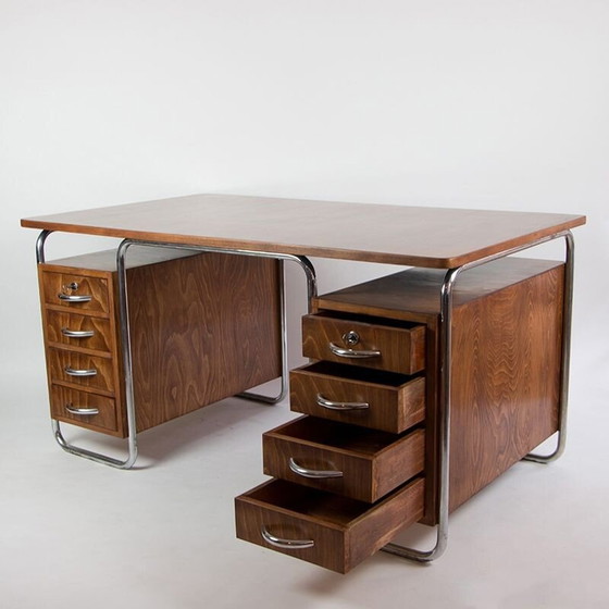 Image 1 of Vintage beukenhouten bureau met twee bakken, 1930