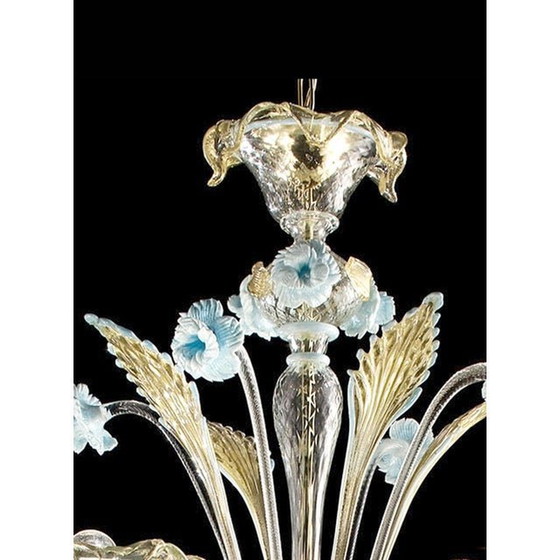 Image 1 of Eigentijdse Venetiaanse transparant-gouden kroonluchter van Murano-glas met bladeren en turquoise bloemen