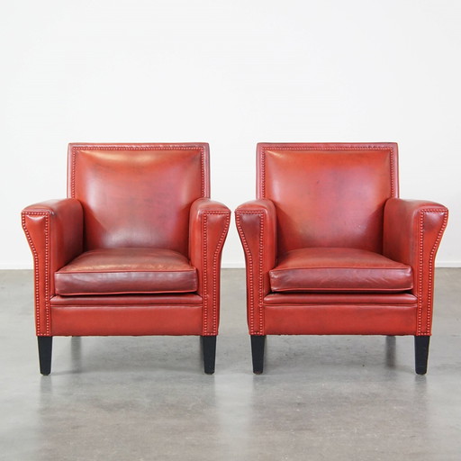 2 X Rood Gekleurde Design Armchairs Gemaakt Van Schapenleer