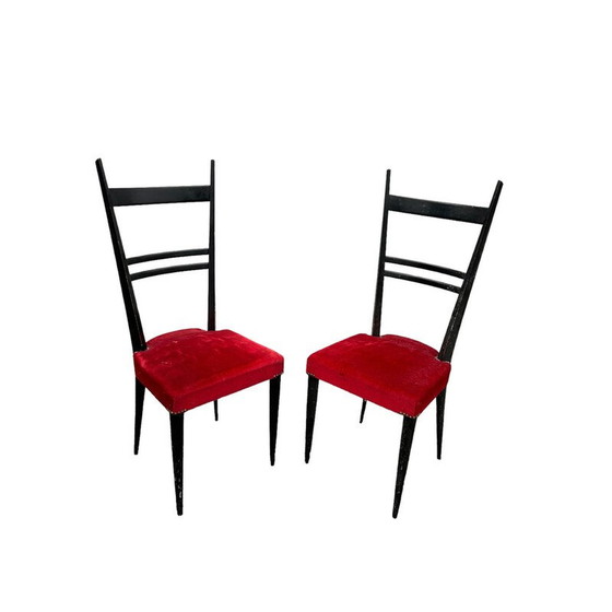 Image 1 of Paar vintage stoelen in gelakt hout en rood fluwelen zittingen, Italië 1950