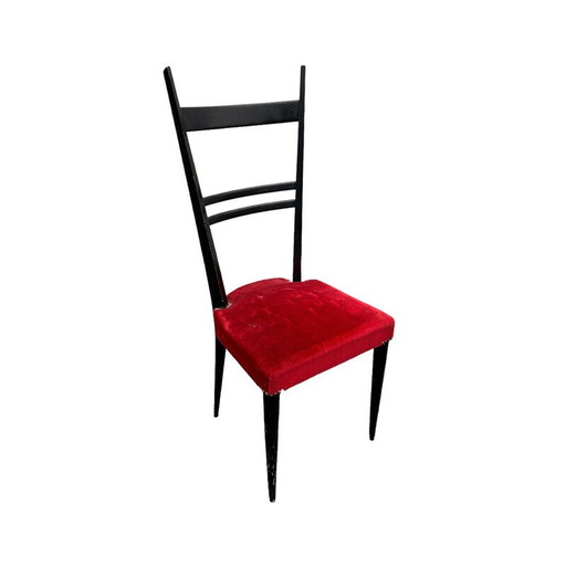 Paar vintage stoelen in gelakt hout en rood fluwelen zittingen, Italië 1950