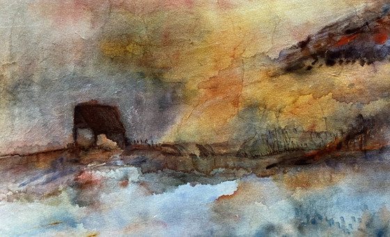 Image 1 of Landschap. Aquarel Ingelijst. 