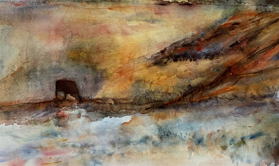 Image 1 of Landschap. Aquarel Ingelijst. 