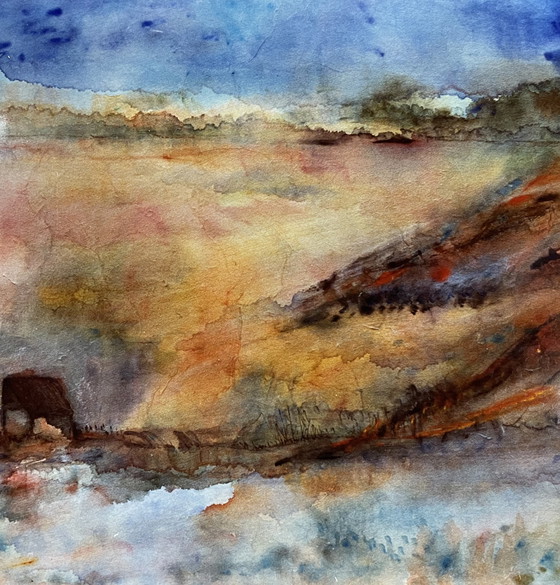 Image 1 of Landschap. Aquarel Ingelijst. 