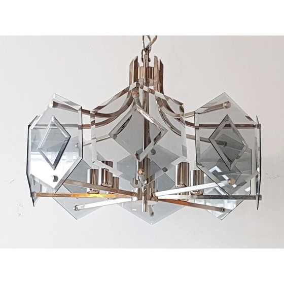 Image 1 of Vintage kroonluchter van Sische, glas en staal, 1980