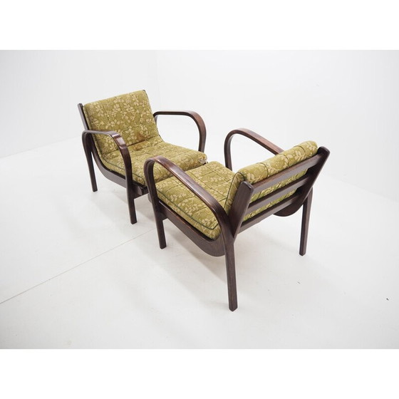 Image 1 of Paar vintage houten en stoffen fauteuils van Kropáček, Tsjecho-Slowakije 1950