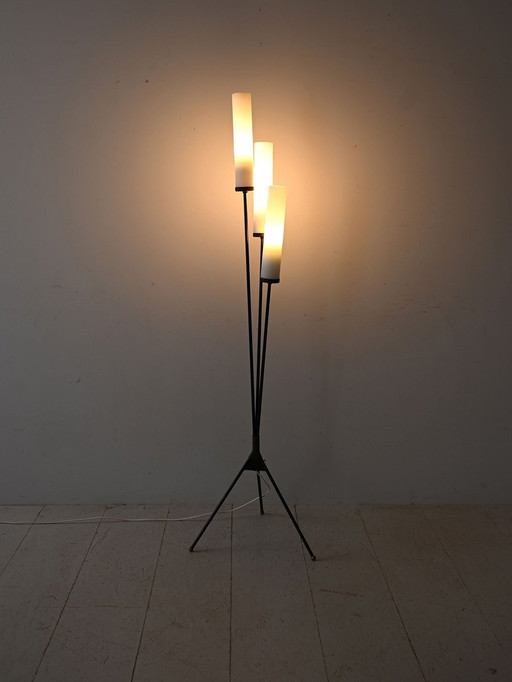 Vintage staande lamp met drie zwarte metalen lampen