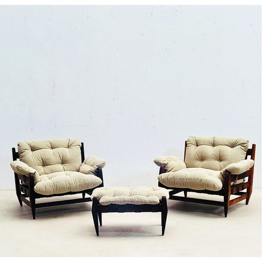 Paar vintage fauteuils en voetenbank van Jean Gillon voor Italma Wood Art, Brazilië 1960