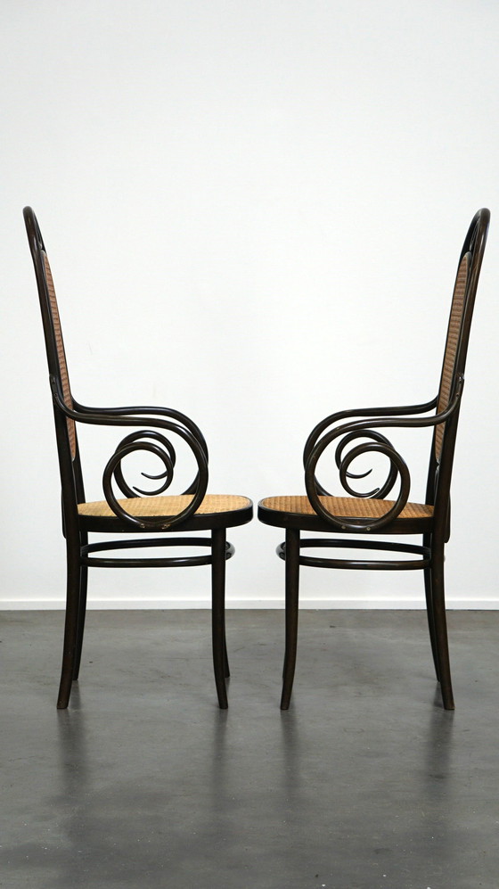 Image 1 of 2X Hoge Vintage Bentwood “Long John” Thonet Design Stoelen Met Armleuningen