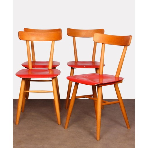 Set van 4 vintage rode stoelen van Ton, 1960