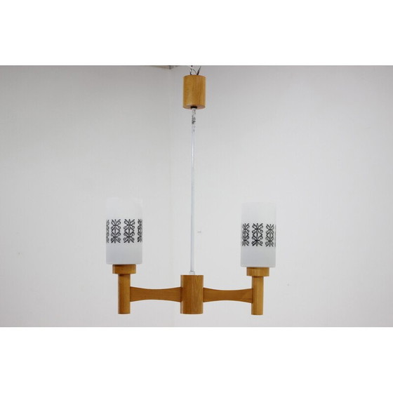 Image 1 of Vintage hanglamp van hout en glas, Tsjecho-Slowakije 1980