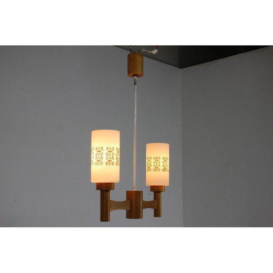 Image 1 of Vintage hanglamp van hout en glas, Tsjecho-Slowakije 1980