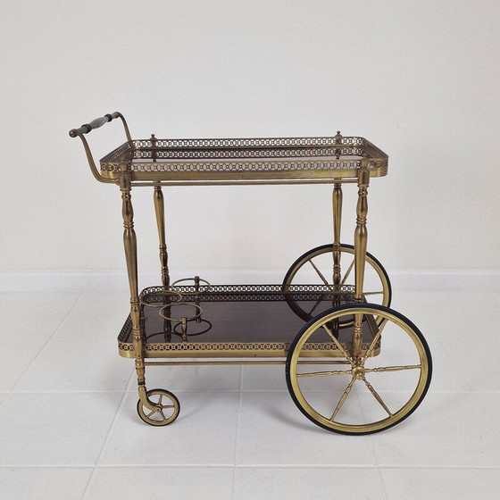 Image 1 of Mid century trolley met hout en messing, Frankrijk 1950