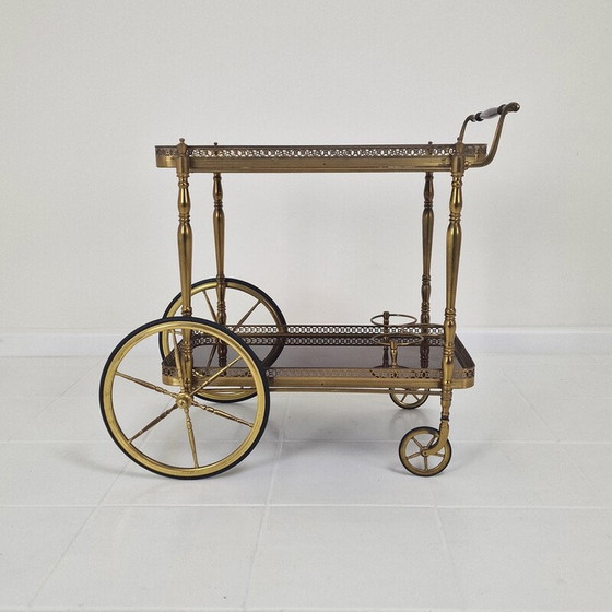 Image 1 of Mid century trolley met hout en messing, Frankrijk 1950